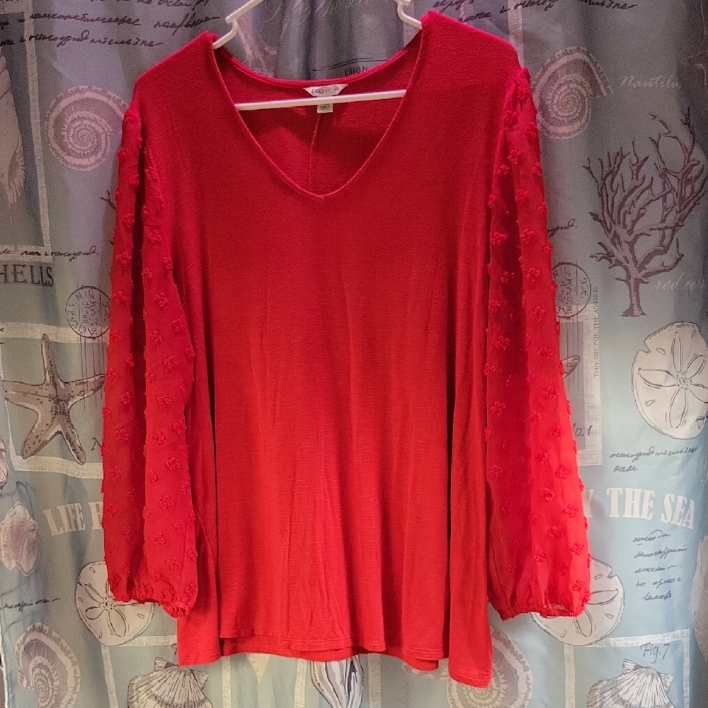 XL Cato Scarlet Blouse with Embellished Sheer Textured Sleeves Very Soft Body